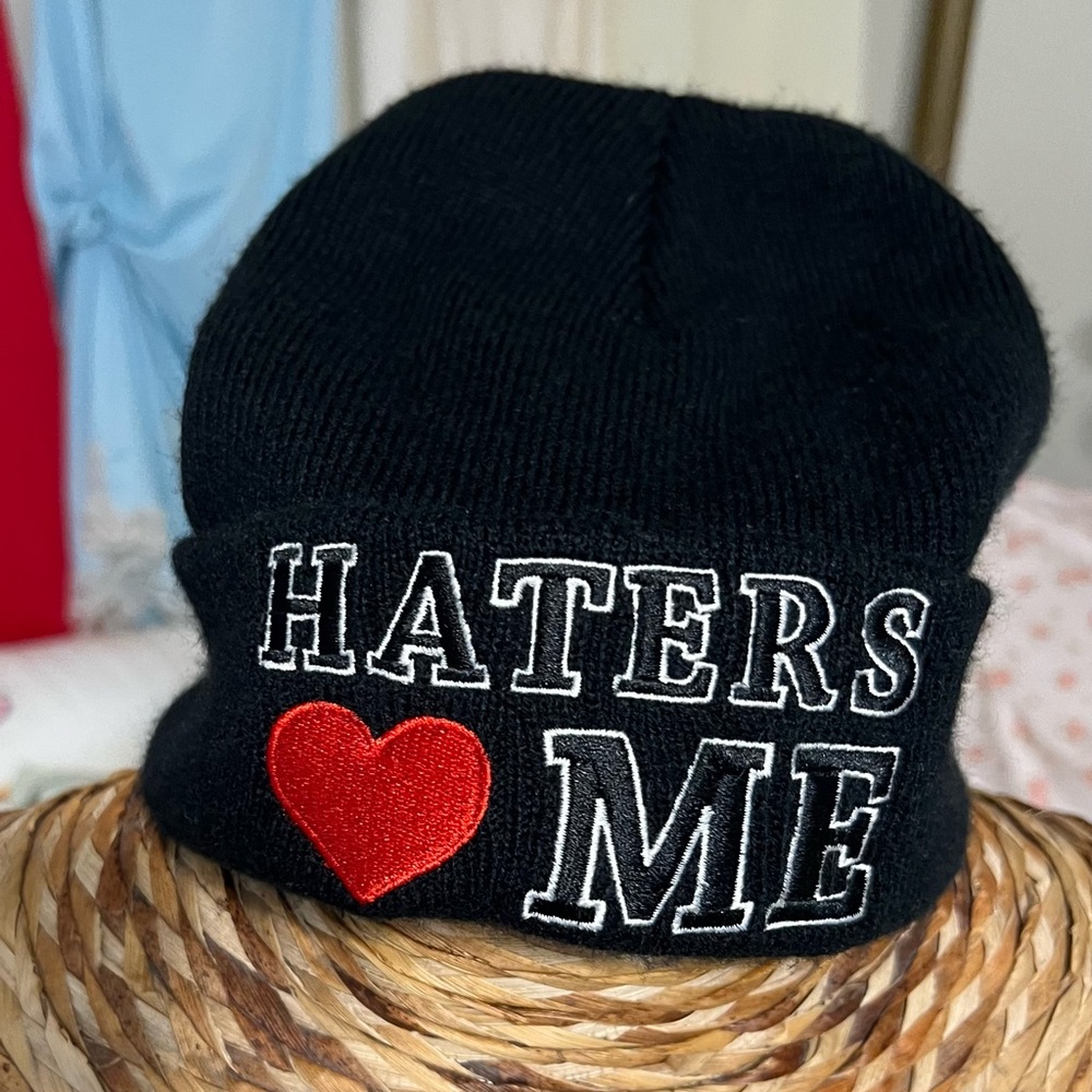 Black Beanie with Red Heart Haters Love Me Embroidery